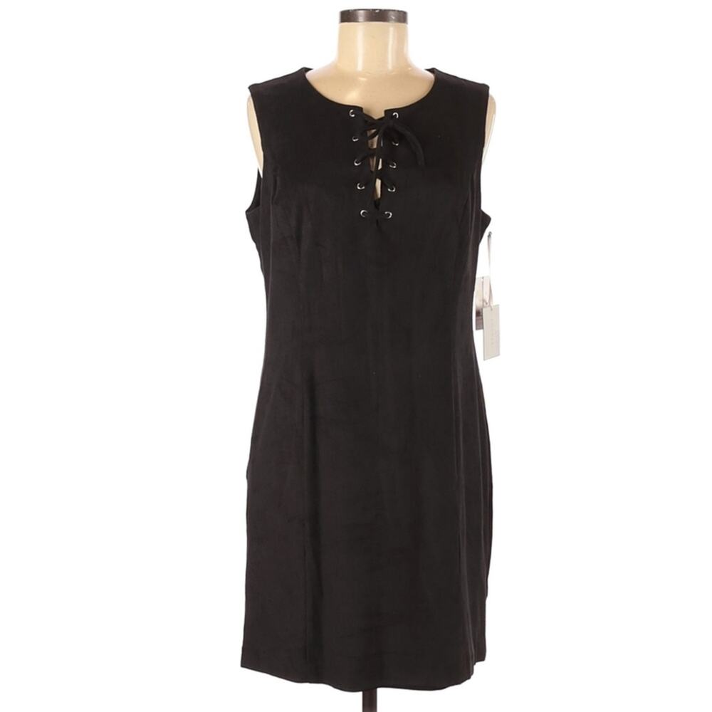 1.STATE faux suede lace-up bodycon above the knee dress rich black Size 12 NEW - Picture 1 of 6